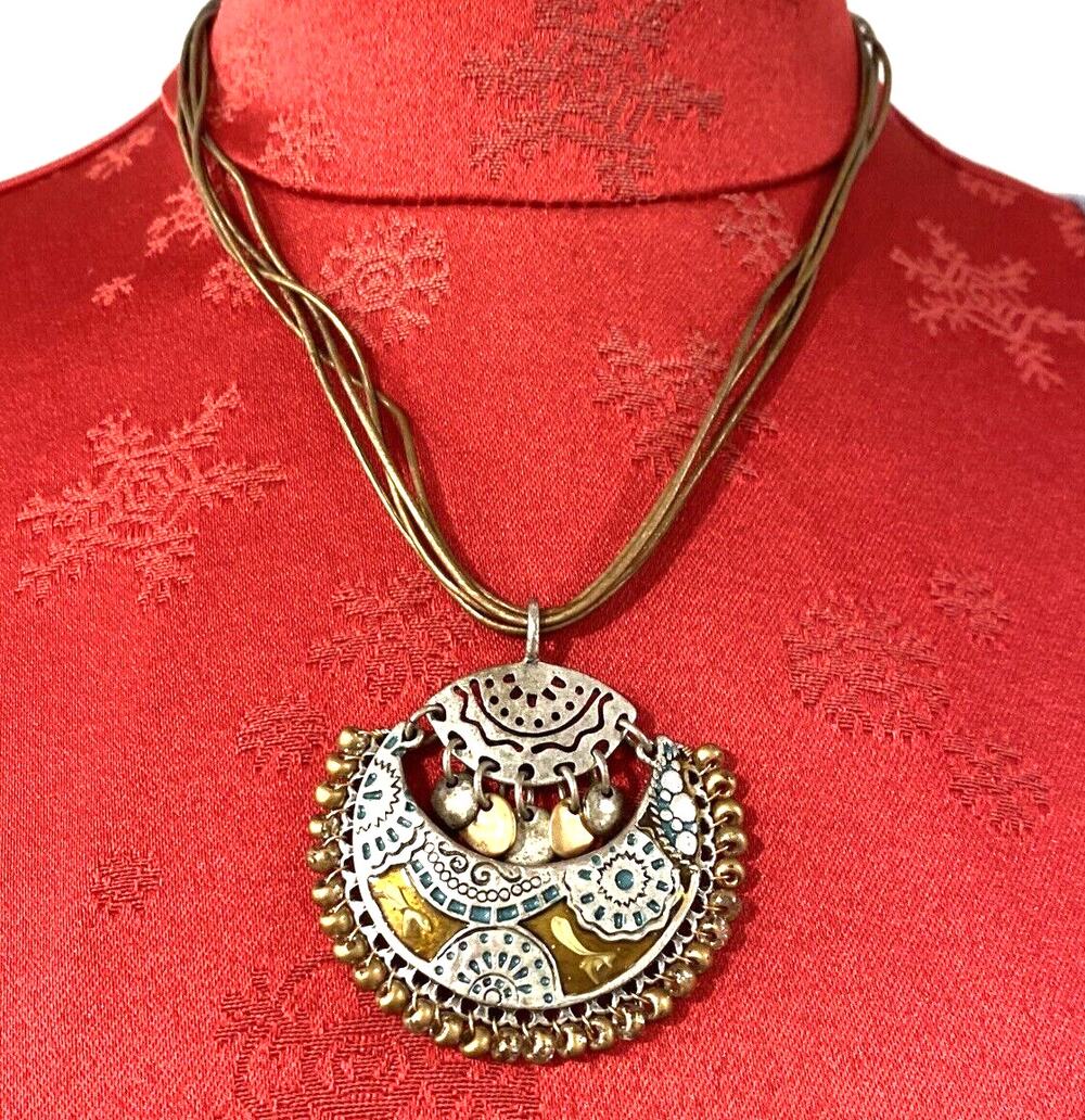 Chico's Statement Necklace Boho Pendant Silver & Copper Beaded Blue Enamel Chic